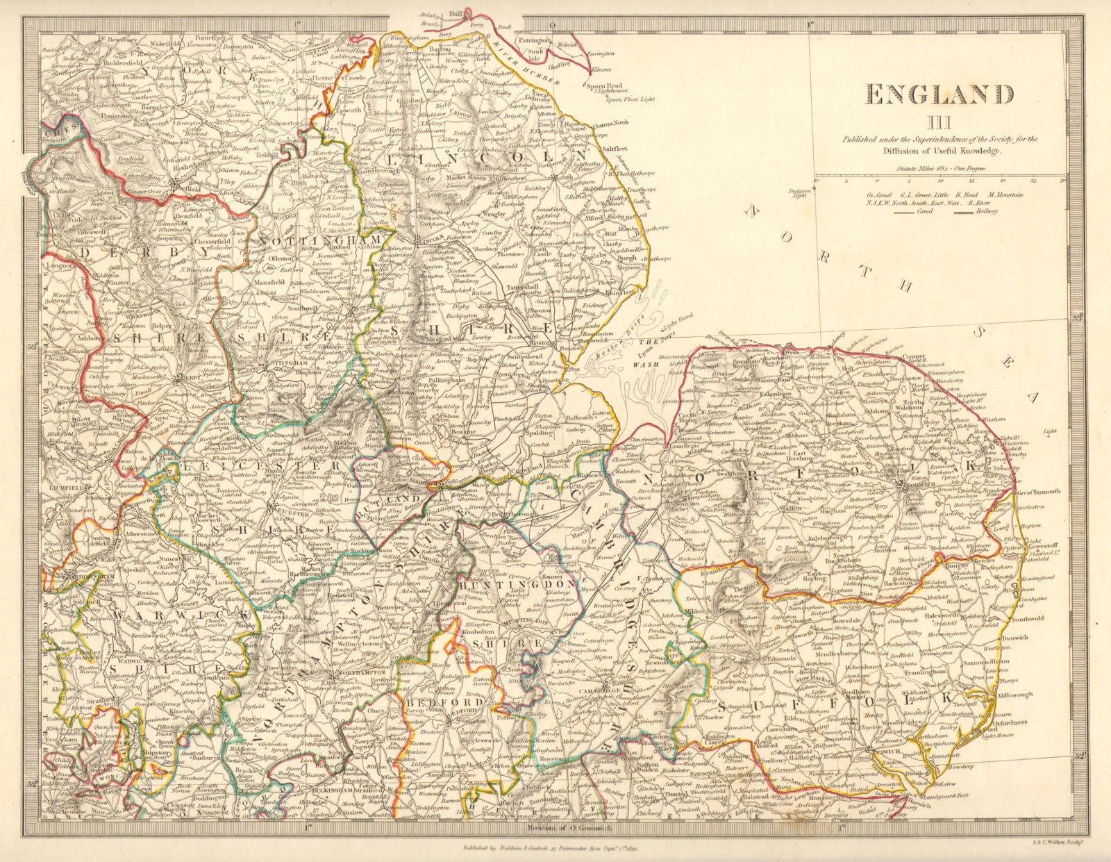 ENGLAND EAST. Norfolk Suffolk Cambs Lincs Leics Derbys Notts. SDUK 1848 map